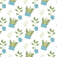 Hand-drawn Seamless Pattern With Indoor Plants In Blue Pots. Patten With House Plants. The Pattern Is Suitable For Prints, Posters, Wrapping Paper, Fabrics.