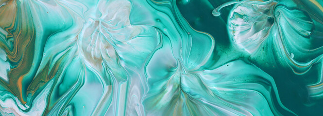 art photography of abstract marbleized effect background with white, green and gold creative colors. Beautiful paint.