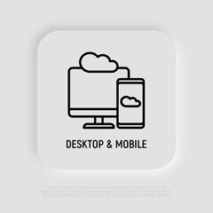 Wall Mural - cloud computing thin line icon, smartphone sync with desktop. modern vector illustration.
