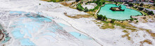 Tourists On Pamukkale Travertine Pools And Terraces. Pamukkale Is Famous UNESCO World Heritage Site In Turkey. Turquoise Water Travertine Pools At Pamukkale And Lake Below. Cotton Castle