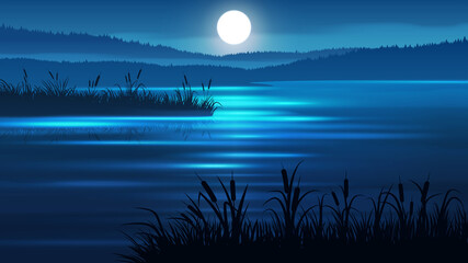 Vector illustration of a cattail grass in the water. Night landscape with full moon, lake and mountains. Cattail plants by the lake.