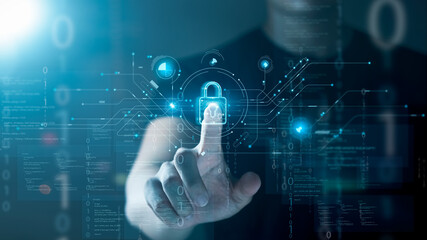cybersecurity data protection. businessman holding padlock protect business financial and virtual cy