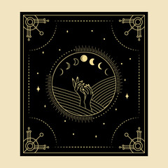 Wall Mural - Celestial mystical tarot cards Elements of esoteric, occult, alchemical and witch symbols Zodiac signs Cards with esoteric symbols. Silhouette of hands, stars, moon and crystals spiritual vector