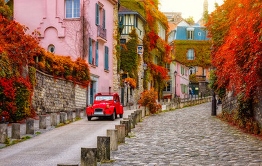 Wall Mural - cozy street in quarter montmartre in paris, france. architecture and landmarks of paris. postcard of