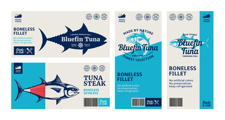 Wall Mural - Vector tuna labels and packaging design concepts. Tuna fish illustrations