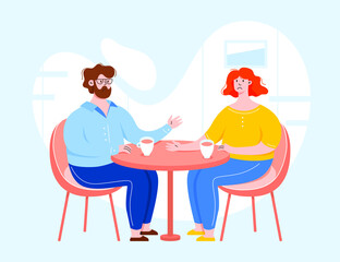 Wall Mural - Two vector character having a conversation and sitting behind the table. People in a cafe