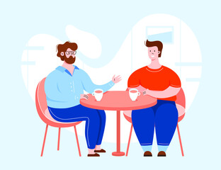 Two vector character having a conversation and sitting behind the table. People in a cafe