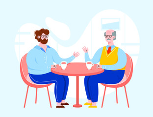 Wall Mural - Two vector character having a conversation and sitting behind the table. People in a cafe