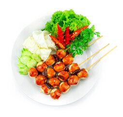 Wall Mural - Fried Pork Balls in Skewers with Fry Chili Spicy Sauce Thai Street Food