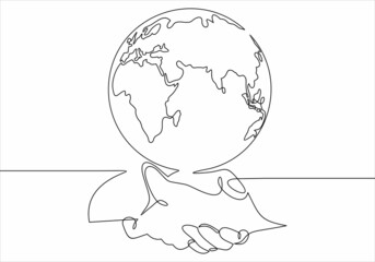 Wall Mural - Continuous one line drawing Handshake and planet Earth. World peace, global agreement, international partnership, worldwide business concepts.