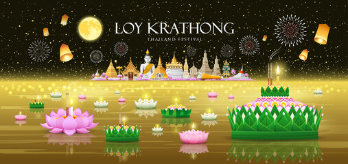 Wall Mural - Loy krathong thailand festival, Banana leaf material and pink, green lotus design, on major tourist attractions in thailand at night gold river banner background, Eps 10 vector illustration
