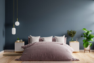 Bedroom interior in dark style,dark blue wall mockup.