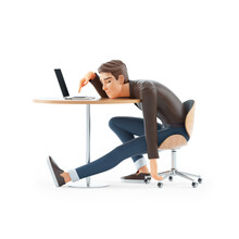 3d Exhausted Cartoon Man Leaning On His Desk