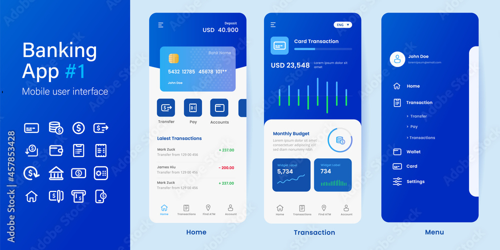 Mobile banking online smartphone app blue color application layout UI user interface money transfer management