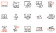 Vector Set of Linear Icons Related to Online Seminar, Virtual Conference, Webinar and Presentation. Sharing Ideas Using Video Applications. Mono Line Pictograms and Infographics Design Elements