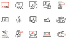 Vector Set Of Linear Icons Related To Online Seminar, Virtual Conference, Webinar And Presentation. Sharing Ideas Using Video Applications. Mono Line Pictograms And Infographics Design Elements