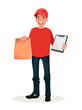 A uniformed courier-messenger holding a packing box with food and drinks delivers ready-made food to your home.