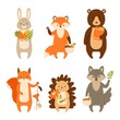 Woodland animals set. Autumn. Characters isolated on white background. Vector illustration for children in flat style.