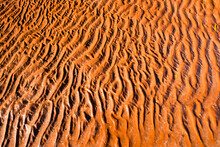 Detail Shot Of Rippled Wet Bright Orange Sand