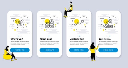 Wall Mural - Vector Set of Finance icons related to Demand curve, Shopping cart and Currency icons. UI phone app screens with people. Sale line symbols. Statistical report, Discount, Euro and usd. Gift box. Vector