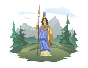 Athena, ancient Greek goddess of Wisdom, War, and Useful Arts. Ancient Greece mythology. Forest and mountain landscape in the background. Vector illustration isolated on white.