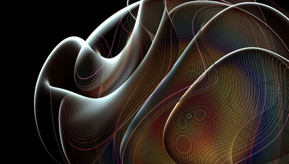 3d render abstract art 3d background with part of surreal alien dark flower in curve wavy spherical biological lines forms in transparent plastic material with parallel stripes on surface