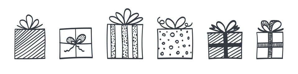 A set of gift boxes. Hand drawn gift boxes. Gift boxes in the drawn style. Vector illustration