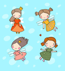 Wall Mural - Cute cartoon fairies and princesses. Fairy elves. Children s illustrations. Vector