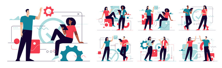 Collection of vector illustrations on the subject of web design, software development, communication. Editable stroke
