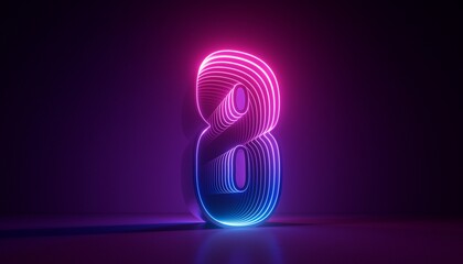 3d render, number eight, digital symbol, pink blue gradient neon light glowing in the dark