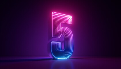 3d render, number five, digital symbol, pink blue gradient neon light glowing in the dark