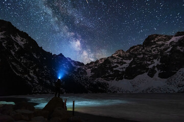 Wall Mural - bright starry sky with the milky way on the background of high tatras mountains