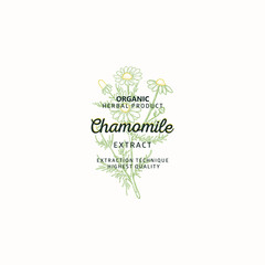 Wall Mural - Chamomile symbol natural logo, vector brand identity in line sketch style. Hand drawn nature label. Chamomile medicinal plant with flowers - Logo Template element.