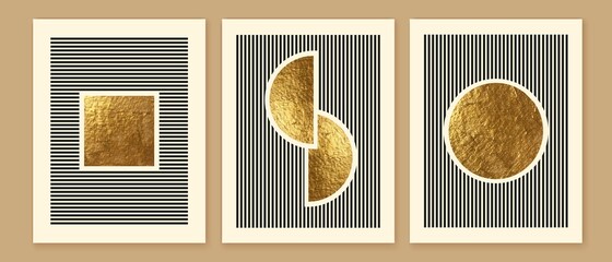 Sticker - Abstract minimalist wall art composition in beige, grey, white, black colors. Simple line style. Golden geometric shapes