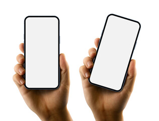 Wall Mural - man hand holding smartphone with a blank screen. vertical and angled positions