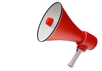 Megaphone, loudspeaker isolated on a white background. Red megaphone. Speaker is next to the text space. Bullhorn close up. Sound icon, voice speaker icon, promotion. 3d rendering