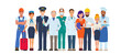 A group of people of different professions. Character design for doctors, pilot and stewardess, cook, repairman, engineer, builder and secretary. Flat vector illustration.