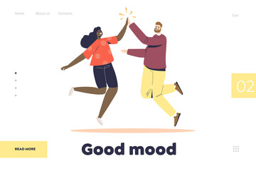 Wall Mural - Good mood concept of landing page with happy cheerful man and woman jumping up giving high five