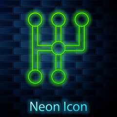 Sticker - Glowing neon line Gear shifter icon isolated on brick wall background. Transmission icon. Vector