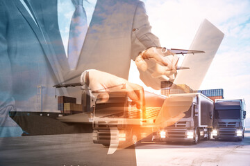 Businessmen with laptop standing on abstract double exposure background with cargo airplane, truck and ship. Teamwork, business, shipping, trade and logistics concept.