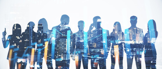 Sticker - Wide image of businesspeople silhouettes standing on abstract night city background with forex chart. Teamwork, finance and communication concept. Double exposure.