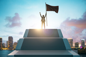 Wall Mural - Happy young european businesswoman with flag standing on top of stairs on bright city background with sky view. Leadership, competition, winner, growth and success concept.