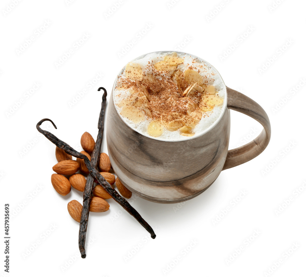 Cup of tasty almond latte on white background