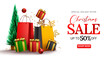Christmas sale vector banner design. Christmas sale special holiday offer text up to 50% off discount promo with gifts and bags for xmas shopping clearance offer. Vector illustration.
