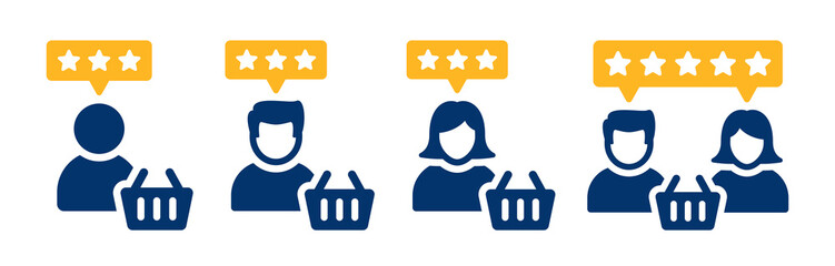 Customer feedback icon. Consumer with basket icon. Shopper symbol vector illustration.