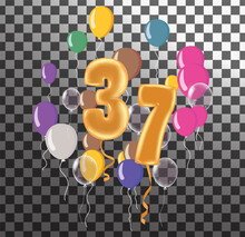 Happy Birthday Thirtyseven Year, Fun Celebration Anniversary Greeting Card With Number, Balloon On Background