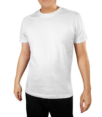 Wall Mural - Front view of  white t-shirt on a young man isolated on white background
