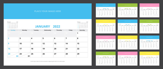 Wall Mural - 2022 calendar planner set for template corporate design week start on Sunday.