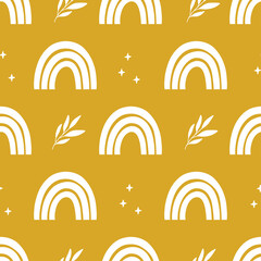 Wall Mural - Magic seamless pattern with modern rainbows, stars. Hand drawn boho nursery rainbow illustration on yellow background. Print for card, textile, kids and baby clothes, digital paper wrapping, wallpaper