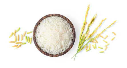 Wall Mural - Top view of white rice and paddy rice in wooden bowl with rice ear isolated on white
